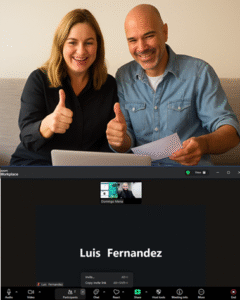 Ilustración: pareja sonriente durante una videollamada de revisión de su declaración.
