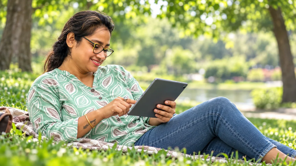 Una mujer usando una tableta en el parque