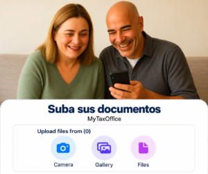 Ilustración: pareja sonriente usando un teléfono, con las opciones Camera, Gallery y Files para subir documentos.